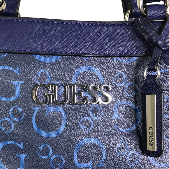 GUESS Women's Elian Satchel Purse Tote Handbag Blue Leather Silver Logo NWOT - Picture 2 of 9